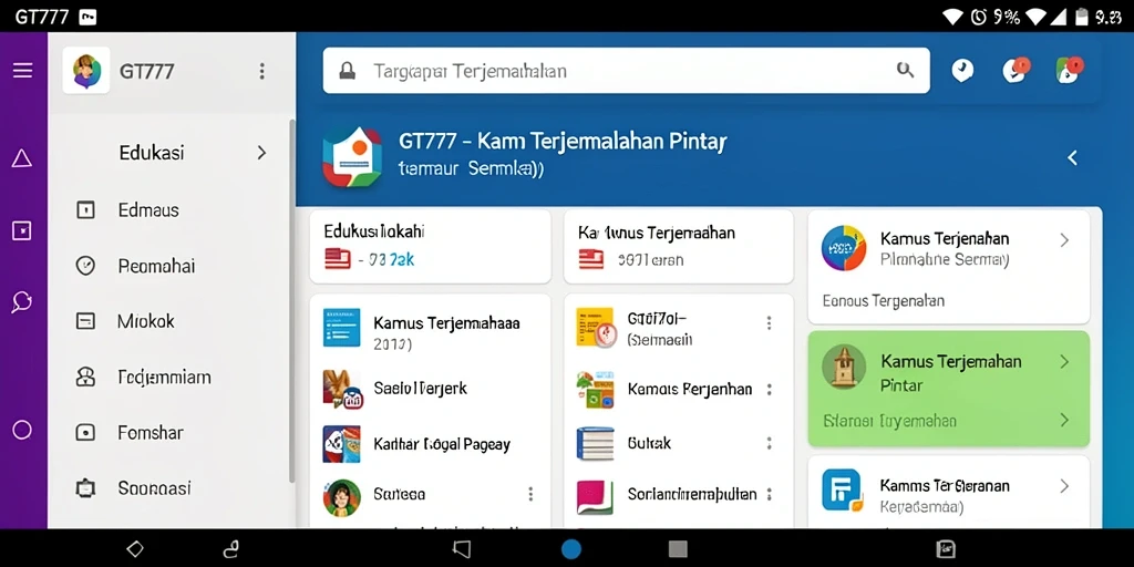 Tampilan antarmuka pengguna aplikasi Kamus Terjemahan GT777.