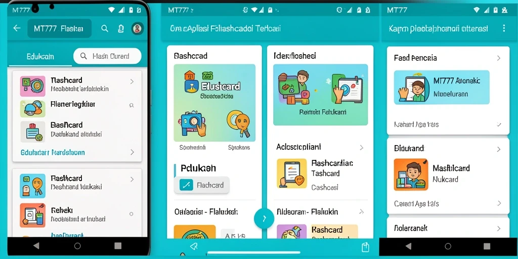 Screenshot antarmuka MT777 menampilkan fitur flashcard interaktif.