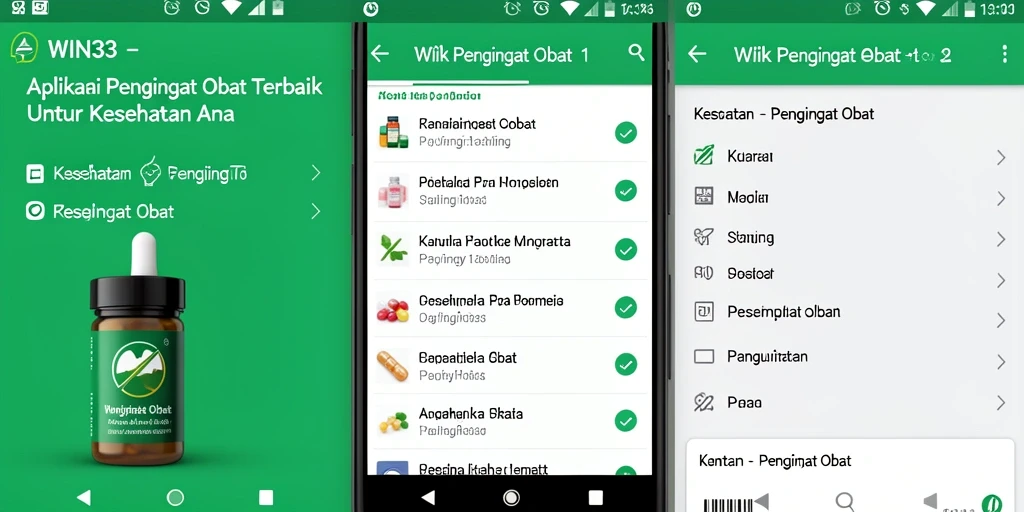Screenshot aplikasi WIN33 menampilkan antarmuka yang sederhana dengan fungsi Pengingat Obat.